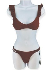 Zaful Forever Young NEW Women's Size 4 Bikini Ruffle Straps Chocolate Brown 2 Pc