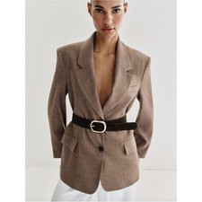 Zara Herringbone Belted Lined Blazer Viral Bloggers Favorite Size L NWT