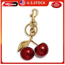 Red Glitter Cherry Bag Charm Keychain Gold Tone Hardware for Handbags Purses