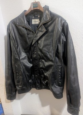 Vintage Rage Black Leather Retro Bomber Jacket Men's 44 Zip Front