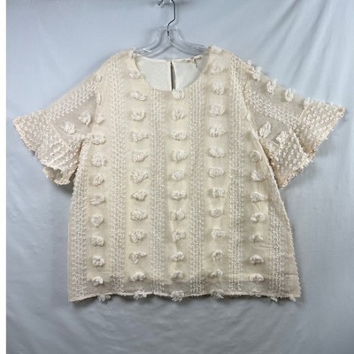 Entro Pom Pom Textured Blouse Womens 2X Cream Short Sleeve Boho Flutter Top