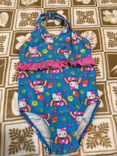 Hello Kitty Rainbow Cartoon Print Girls One Piece Swimsuit Blue Pink Multicolor