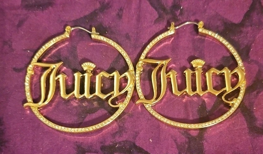 Pendientes de aro Juicy Couture metal dorado estrás redondos con bisagras Y2k años 2000 glamour
