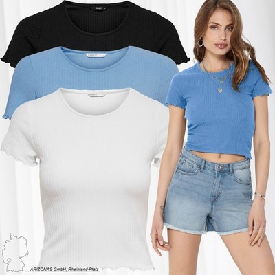 ONLY Damen Geripptes Cropped T-Shirt Short Sleeve Rundhals Top Bauchfrei