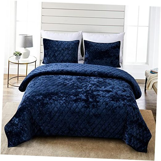 Distressed Velvet Quilt Set, 3 Pieces Navy Queen, Distressed Velvet Face and