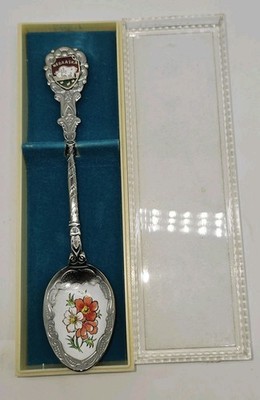 Nebraska Souvenir Spoon Buffalo Bison Enamel Bowl Floral Silver Tone In Box 80
