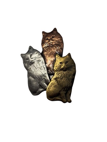 Vintage Silver Copper Gold Tones Cute Three Kitty Cat Kittens Friends Brooch Pin