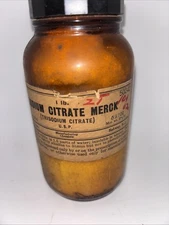 Vintage 1lb Sodium Citrate Amber Medical Bottle By Merck & Co. Empty