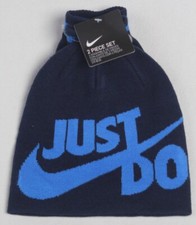 Nike Boys Swoosh Beanie Hat  Gloves 2PC Set Navy Blue Size 8/20 NWT