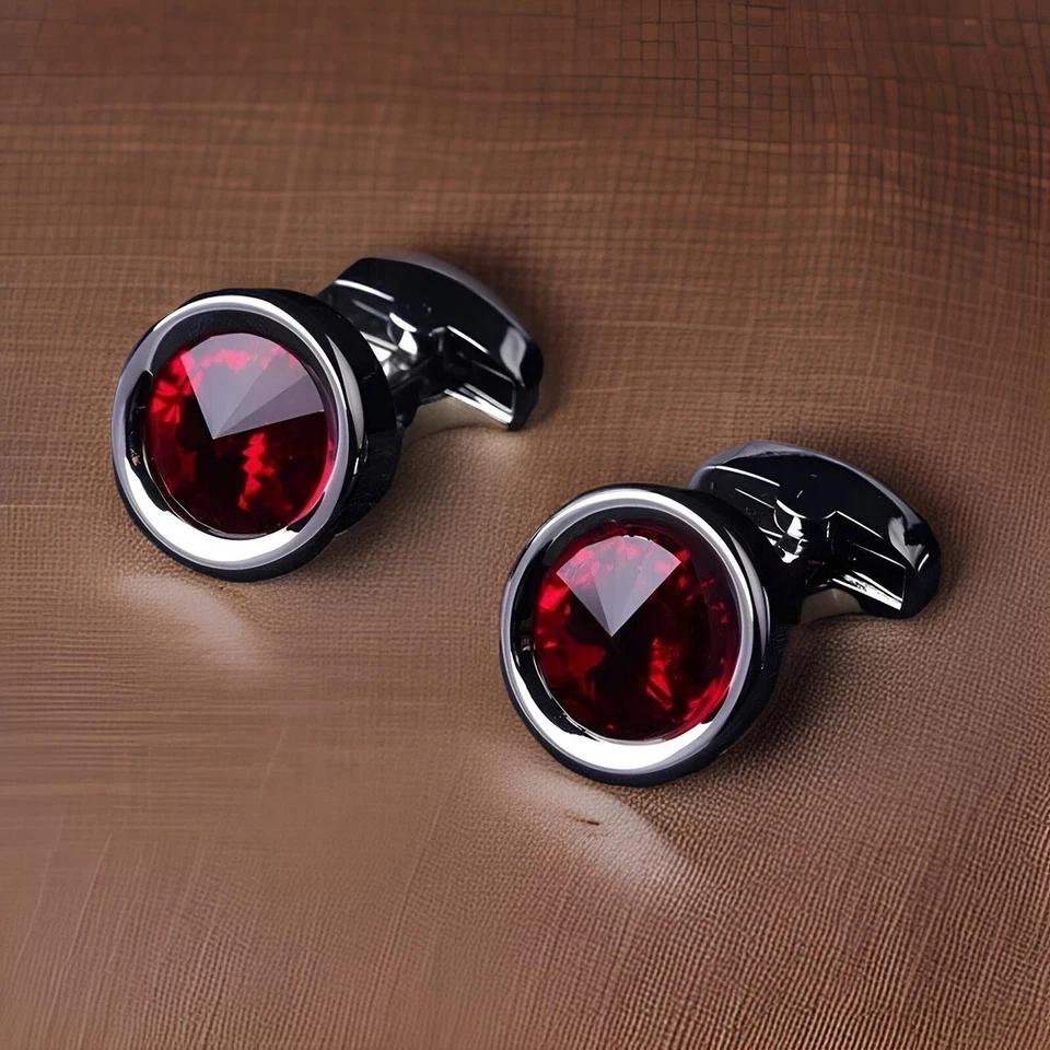 3Ct Round Cut Lab Created Garnet Solitaire Men's Cufflinks 14K Black Gold Plated - Image 3 of 4
