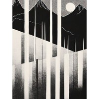 Abstract Mountain Landscape Lake Sunrise Linocut Art Canvas Picture Print 18X24