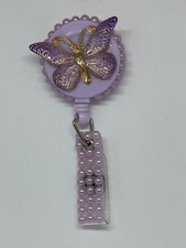Jewelry Bling ID Badge Reel Purple Gold Butterfly With Purple Pearls Handmade