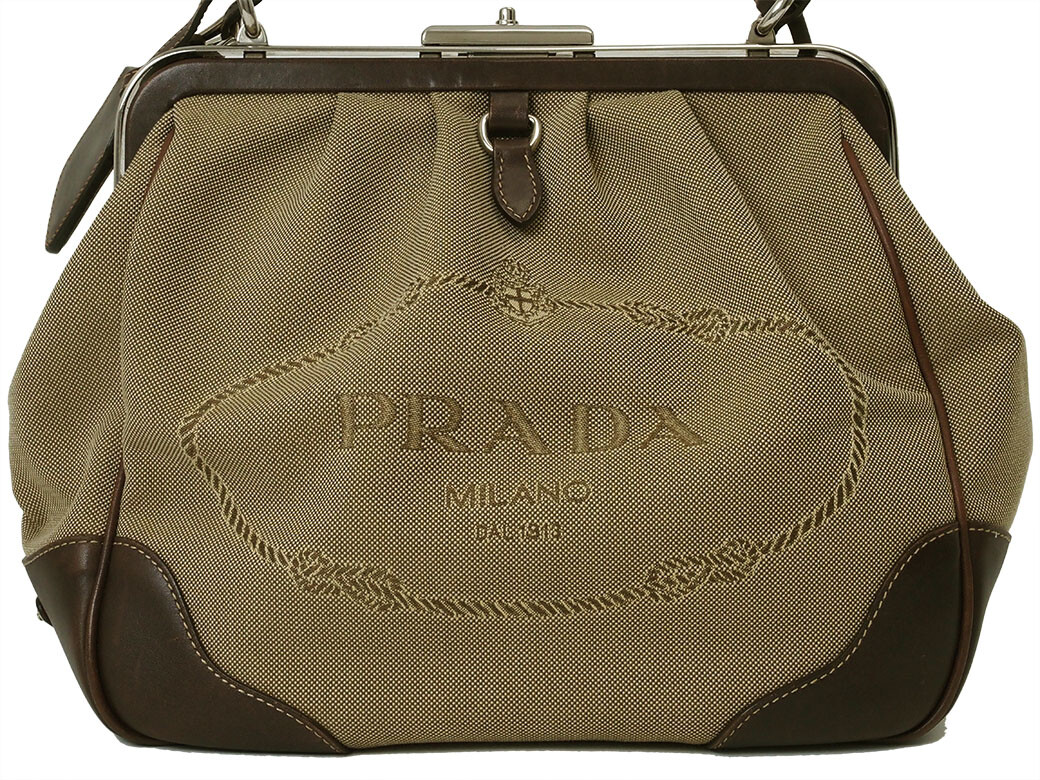 Auth PRADA Logo Jacquard Handbag Bag Khaki BR3481 Women's Canvas