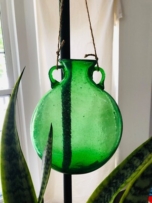 Vintage Egyptian Green Blown Glass Hanging Amphora Wall Vase Vessel  1970's Boho