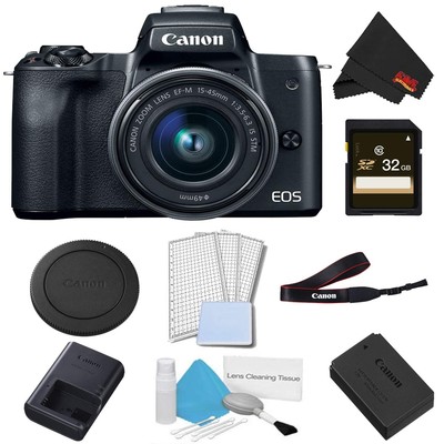 Canon EOS M50 Mirrorless Digital Camera +15-45mm Lens (Black) Basic Bundle w/ 32