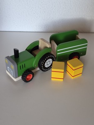 Holztraktor mit Anhänger und 2 Strohballen Holzspielzeug Kleinkinder Spielzeug