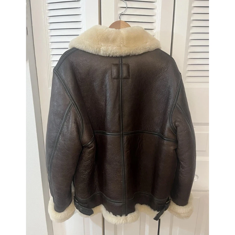 Schott B-3 Sheepskin Leather Bomber Brown Jacket Mens Shearling Aviator Coat - Image 2 of 4