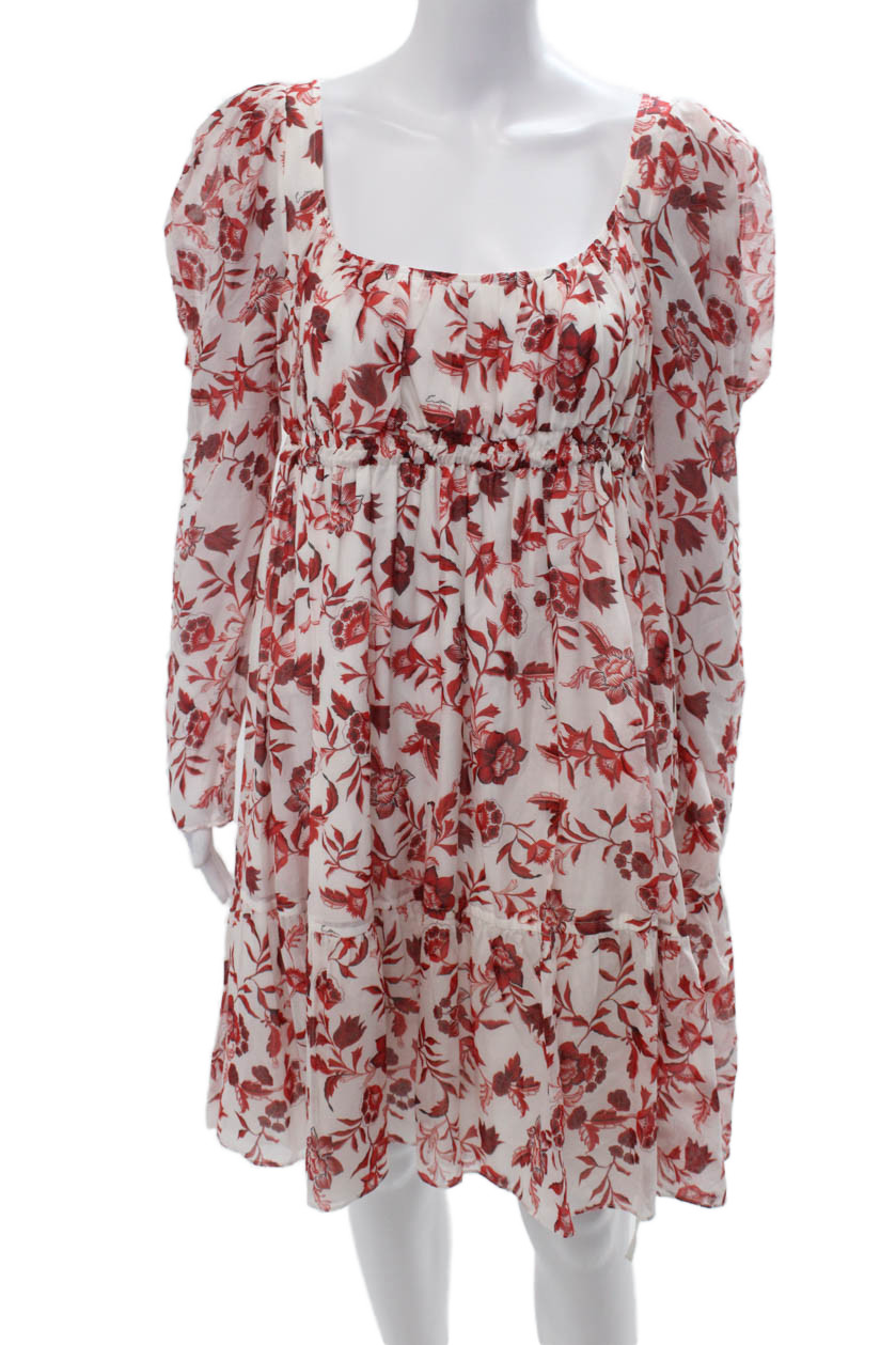 Erdem Women Red Floral Sundress Square Neck Long Sleeve Cotton Silk Size MFree Shipping in US $100+ Orders | $6.95 Orders Below