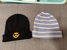 Lot Of 2 Knit Kid  s Beanies Black  Light Blue / White