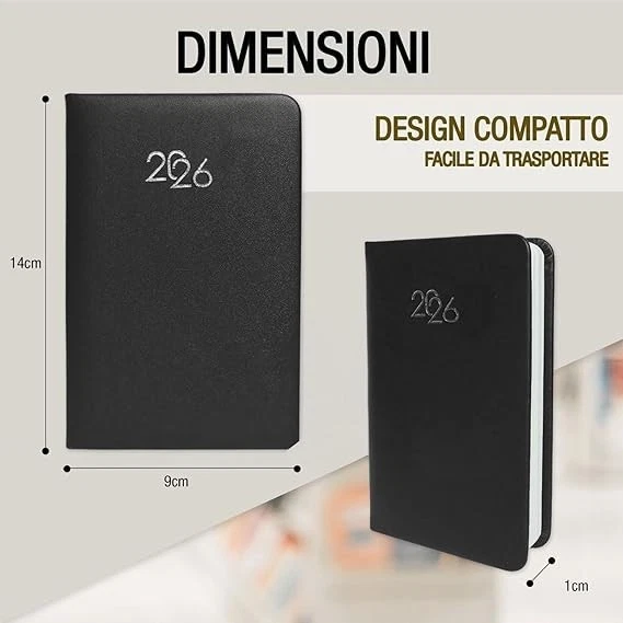 Agenda Settimanale 2026 Tascabile - Nera, Copertina in PU Morbido con elastico - Immagine 4 di 4