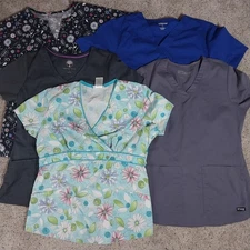 Womens Scrub Top Lot Small (5) Mixed Brand Floral Solids