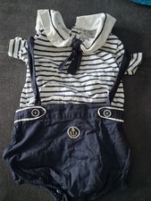 Rock A Bye Baby Boutique Sailor Short & Braces Set Striped Shirt Romper 6-9m