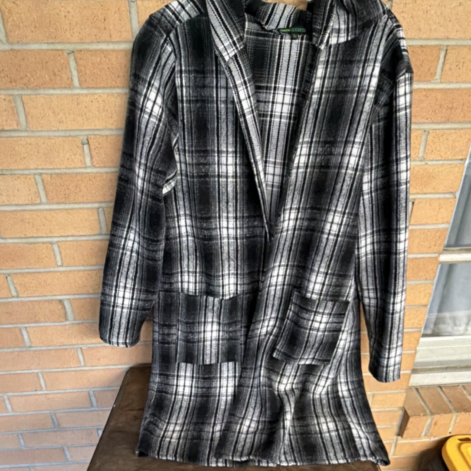 Green Goddess Plaid Hooded Long Coat Black White Gray Women's Size L