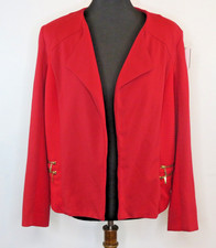 CHICO S Red Modern Ponte Sz 2 Jacket Pieced Rayon Blend Blazer Gold Accents EUC