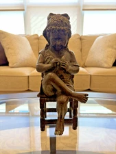 Maitland Smith 12.5" Tall Bronze Sculpture of Young Barefoot Girl in chair