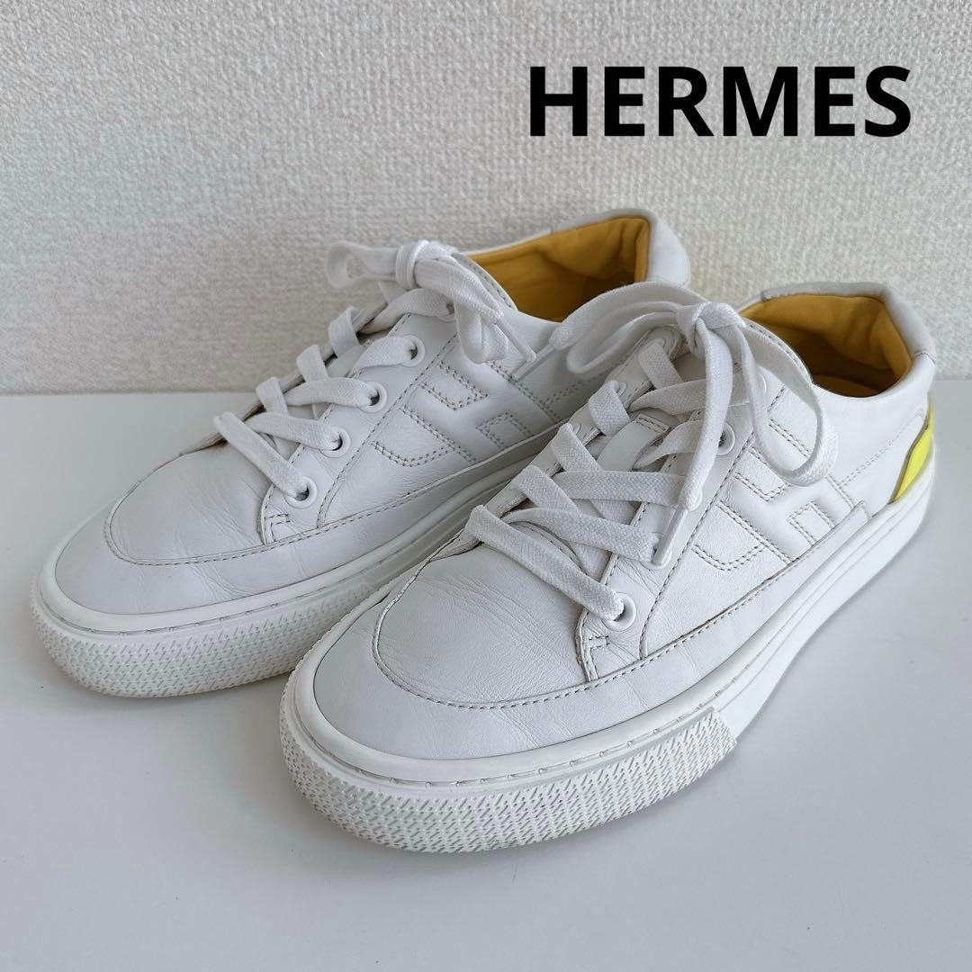 HERMES Sneakers Shoes Low-Cut H Logo EU 35 US 5 Leather White Yellow Authentic