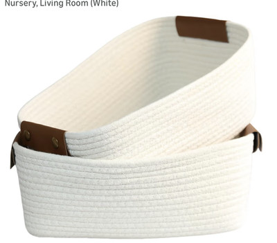 Cotton Rope Storage Basket with Leather Handles   13.8×9.8×5.1 Inches, 2-Pack