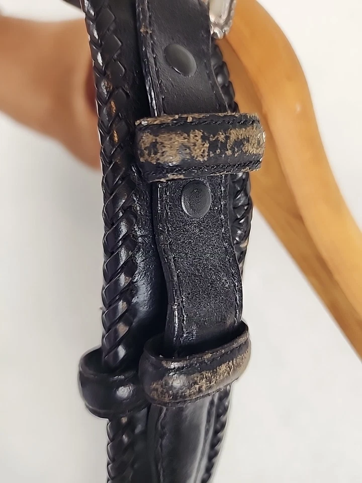 复古 Larry Mahan 西部黑色皮革腰带带银色扣,尺寸 42,编织 — 第 4/4 张图片