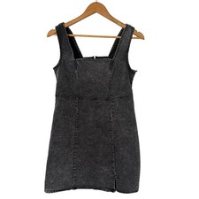 Womens Denim Square Neck Pinafore Denim Mini Dress Size S 4/6 Distressed Grunge