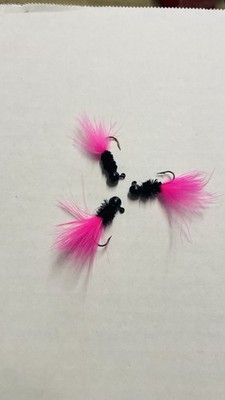 Crappie Jigs 1/16 oz Black Head Black Body Pink Maribou Tail Hand Tied 3 Pack
