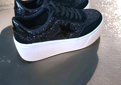 LUCKY STEP Platform Fashion Star Black Glitter Sneakers Sparkly Shoe Size 8.5