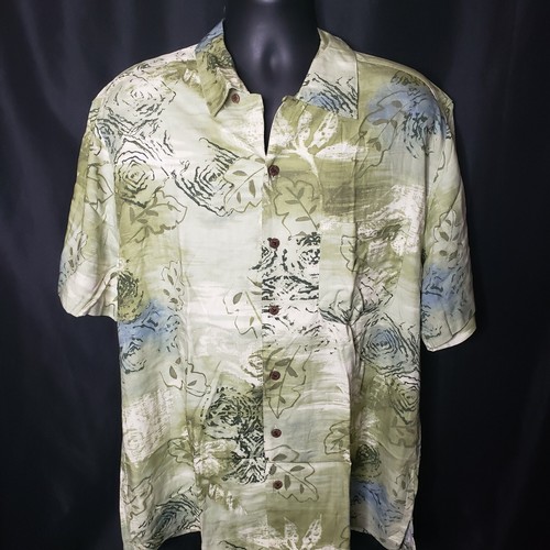 Mens Large Button Up Shirt Caribbean Joe Green Beige Hawaiian Camp Short Sleeve - Picture 4 of 8