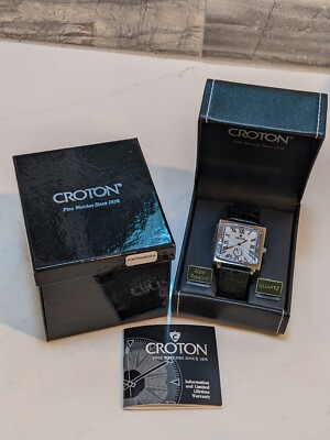 NOS Croton Japan Quartz Analog Black Italian Leather 30m Square Face Watch