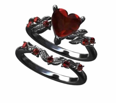 2 PC Boutique Heart Simulated Red Garnet Women s Gun Black Metal Size 7 Ring 