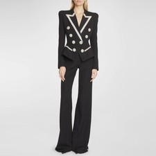 Women Luxury Rhinestone Suit Double-breasted Blazer Jacket Slim Fit Coat Trouser