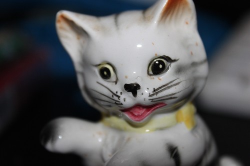 Vintage Ceramic Tabby Cat Sitting And Wearing Yellow Bow,