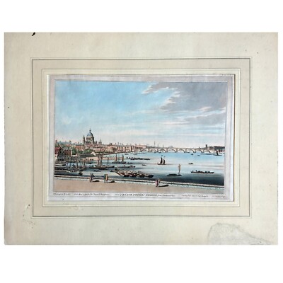 1793 Blackfriars Bridge London Engraving, Farington & Stadler, Hand Colored