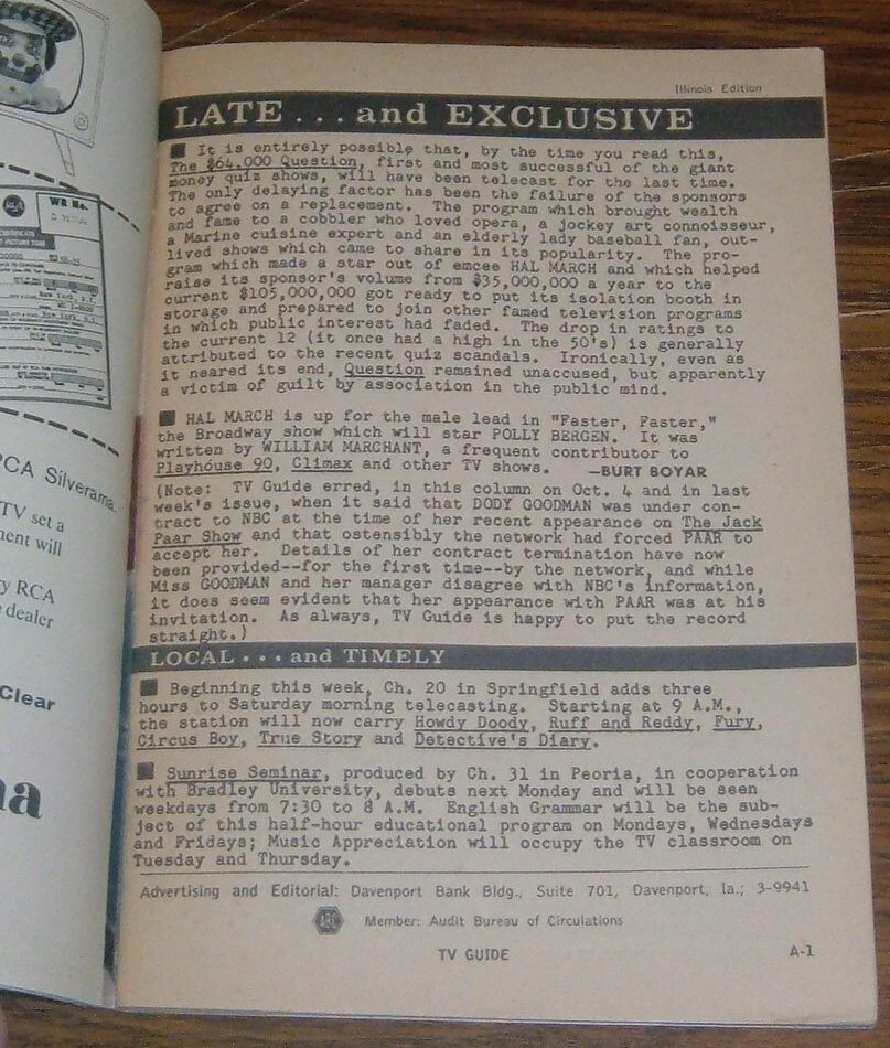 1958 PEORIA,ILLINOIS TV GUIDE LORETTA YOUNG ANNE FRANCIS HONEY WEST