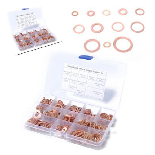 280pcs 12 Sizes Solid Copper Crush Washers Assorted Seal Flat Ring Hardware kit - Afbeelding 1 van 8
