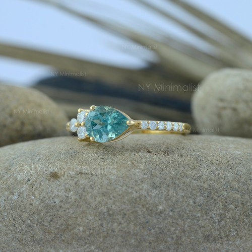 Halo Pear Green Tourmaline SI Clarity G-H Diamond Solid 18K Yellow Gold Ring - Picture 14 of 22