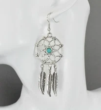 Silver dream catcher earrings dangle feather turquoise bead lightweight 3" long