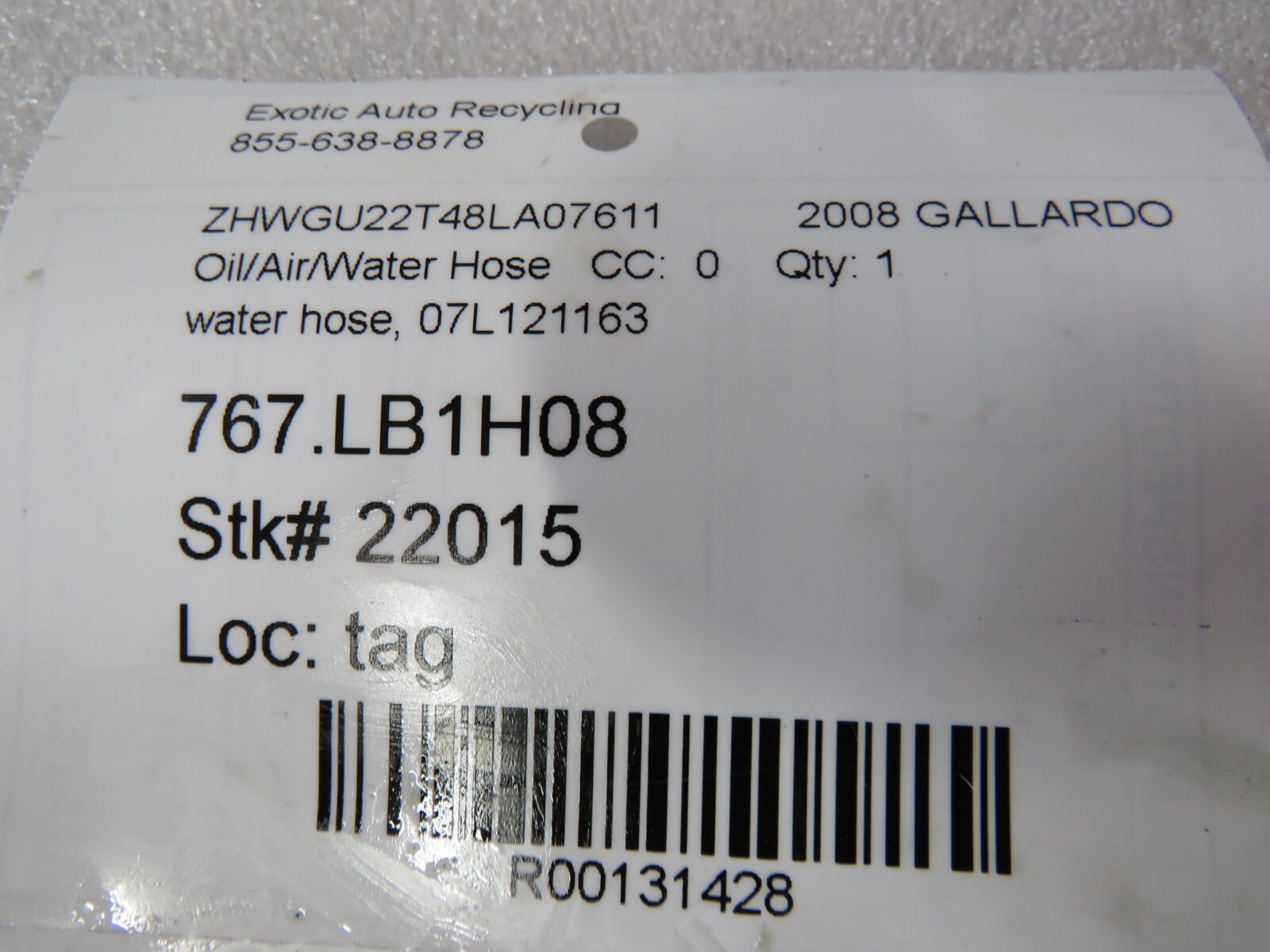 Lamborghini Gallardo, Spyder, Coupe, Water Hose, Used, P/N 07L121163