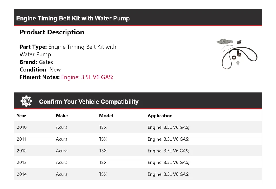 Kit de correa de distribución de motor de gas V6 de 3,5 L con puertas de bomba de agua para Acura TSX 2010-2014 Foto 2 de 4