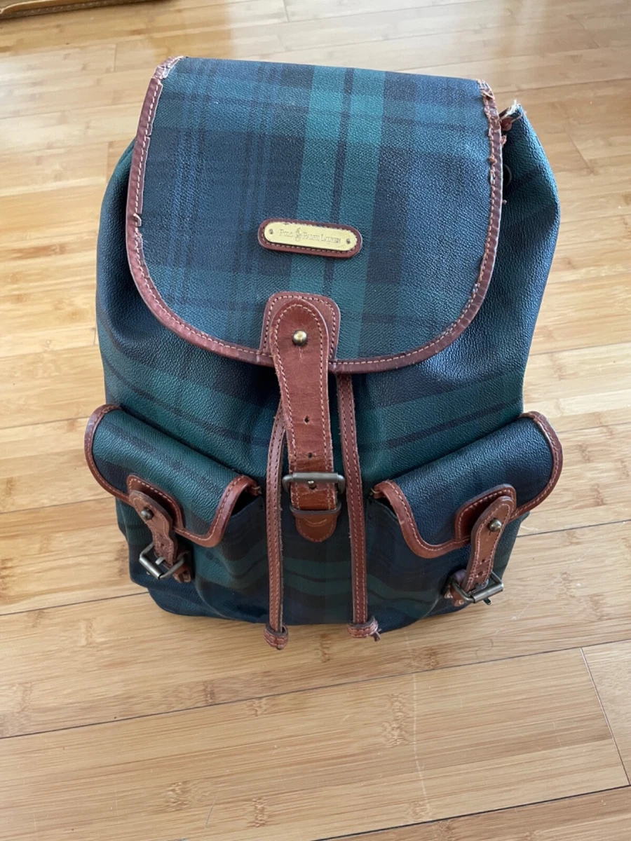 Large Classic Green Plaid Polo Ralph Lauren Leather Trim Backpack