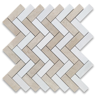M725XP Crema Marfil Thassos White Marble 1x3 Herringbone Wall Floor Tile