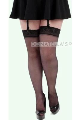 DONATELLA'S HOSIERY PLUS SIZE SHEER STOCKINGS BLACK lace edge 18 20 22 2xl 2x 3xl 3x 24 26 curvy
